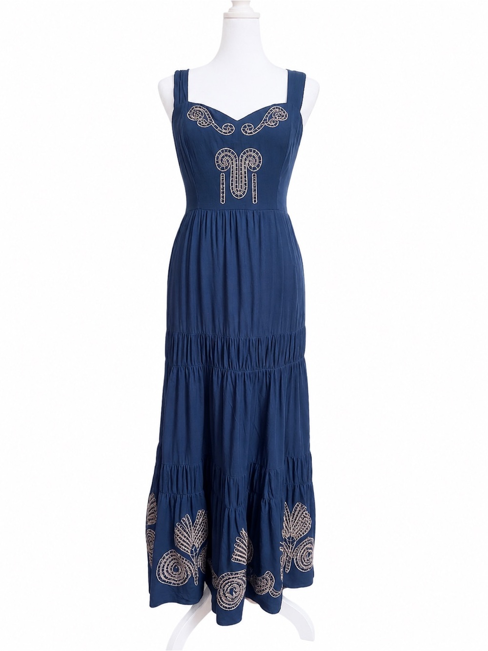 Solitaire Boho Embroidered Linen Blend Midi Dress Pockets Size M